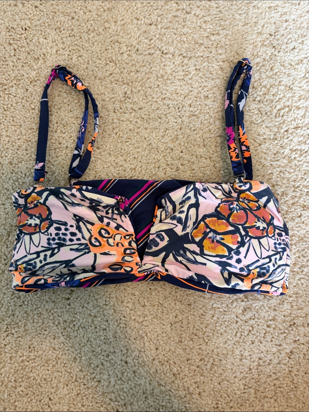 Maaji Pink Floral Bandeau Bikini Top with Navy Straps